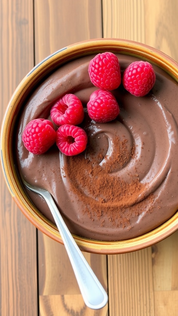 Chocolate quinoa pudding in a bowl, garnished with raspberries and cocoa powder, on a wooden table.